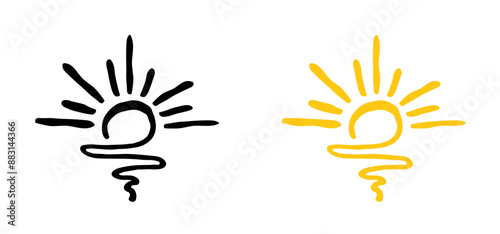 Cartoon drawing half sun or sunlight. Shining rays of light. Sunrise suns. Weather tools. Power, Sun rise line pattern. Sunshine sunset. water, sea surface. Downwards or upwards wave.
