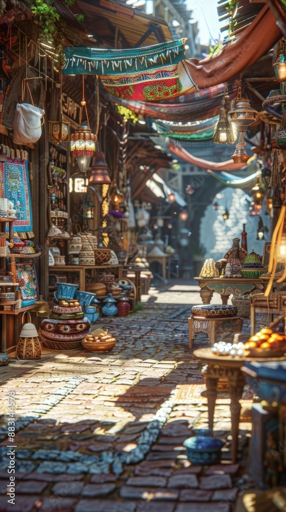 Fototapeta premium Present a bustling marketplace with floating holographic stalls, blending ancient rituals with advanced technology Highlight vibrant colors and unique cultural artifacts