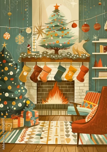 Celebrating the holiday spirit, this retro Christmas card showcases a delightful 1960s-style fireplace adorned with stockings , offering a timeless greeting that blends nostalgia with festive cheer photo