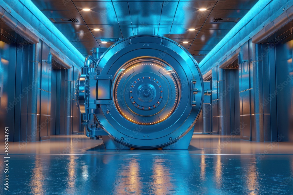 Fototapeta premium A large, steel vault door in a modern bank corridor, lit by blue lights