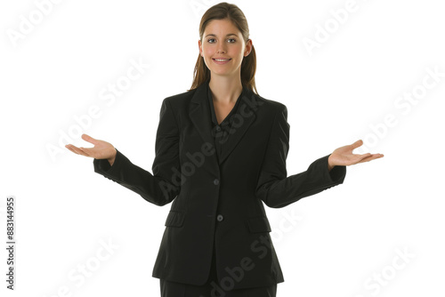 Confident Businesswoman in formal suit Gesturing with Both Hands