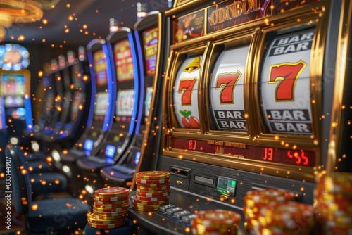 A row of slot machines in a casino, with one machine showing a triple seven jackpot and stacks of coins in the foreground