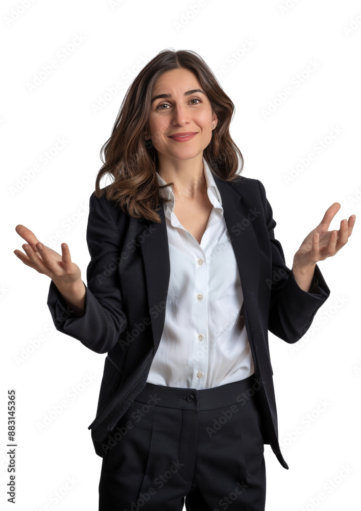 Confident Businesswoman in formal suit Gesturing with Both Hands Confident Businesswoman in formal suit Gesturing with Both Hands