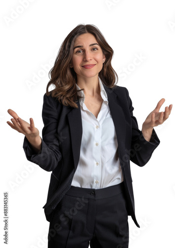 Confident Businesswoman in formal suit Gesturing with Both Hands