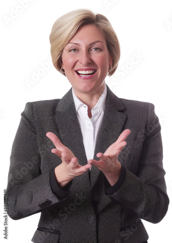 Confident Businesswoman in formal suit Gesturing with Both Hands