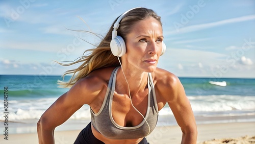 Sportliche Herausforderung. Attraktive ältere Frau mit Kopfhörern und langem Haar trainiert am Strand, generative AI. photo