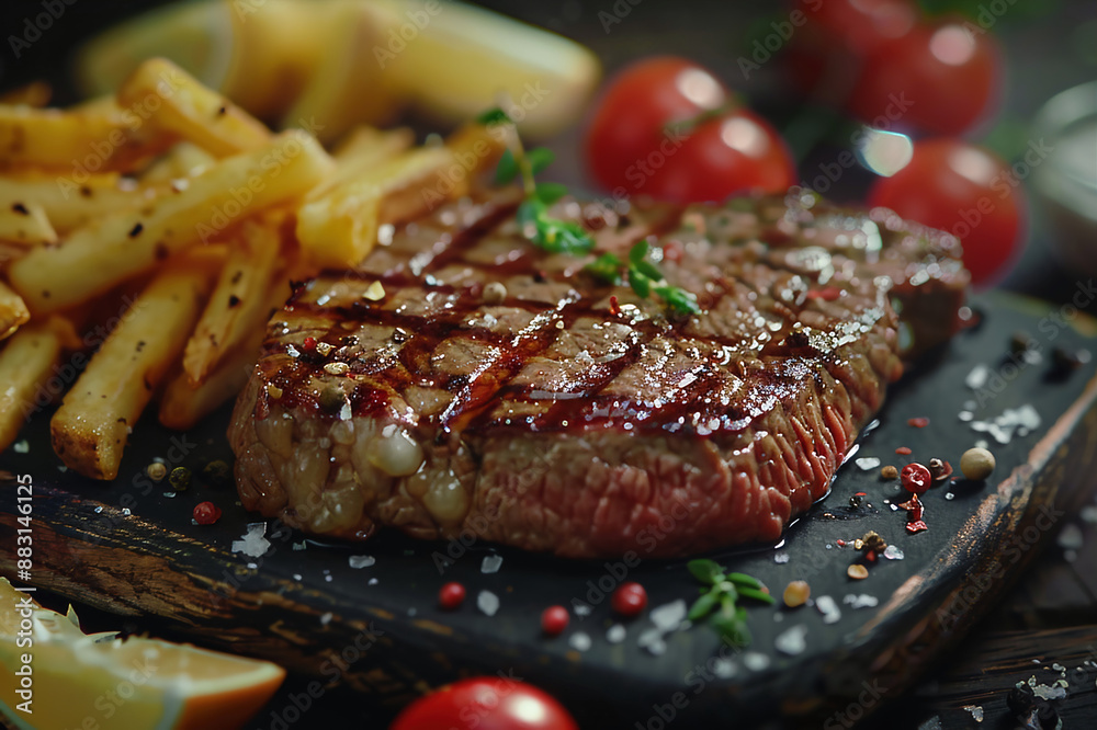 Steak Frites, Yummy American steak and fries, cinematic food photography 