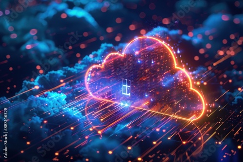 A cloud shaped digital network with a glowing orange outline, house icon, and blue and orange lights