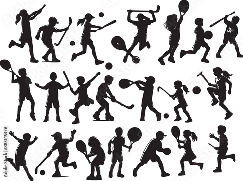 Children girl and boy play sport hockey baseball basketball soccer volley golf cricket tennis vector silhouette collection                                                           
