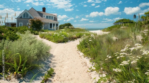 Suburban Cape Cod home with a seaside-inspired landscape, featuring a sandy path that mimics a beach walk, complete with beach grass and dune flowers