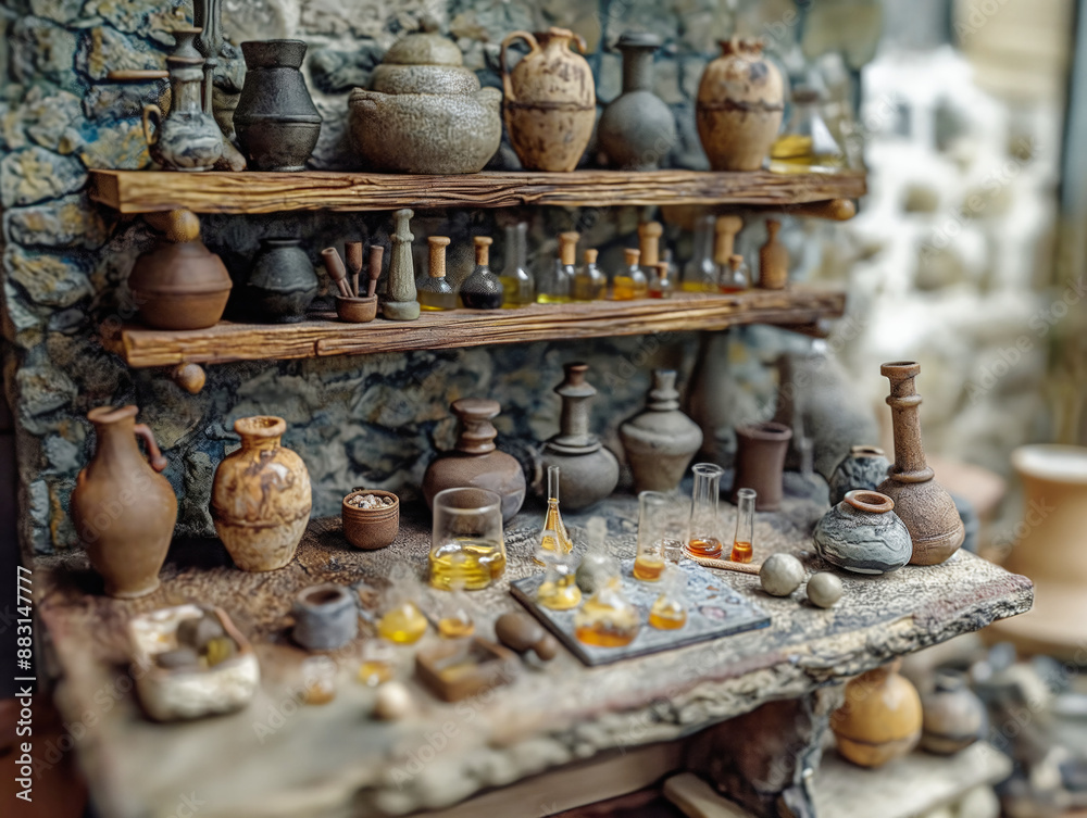 A table with many vases and bottles on it. Scene is that of a laboratory or a store with many different items on display A table with many vases and bottles on it. Scene is that of a laboratory or a store with many different items on display
