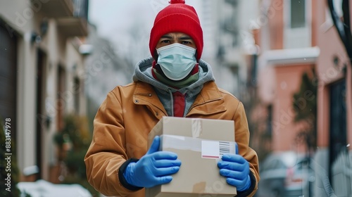 Contactless Delivery Person in Protective Gear Delivering Packages Efficiently © pkproject