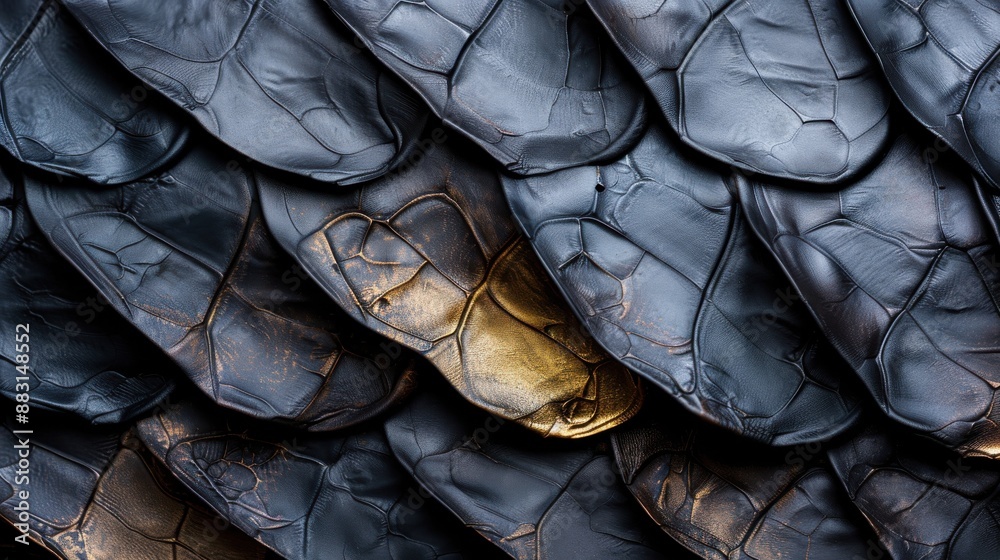 Obraz premium Intricately detailed black and gold reptilian scales are shown in a close-up view, emphasizing their unique pattern and textured design. This highlights their beauty and craftsmanship.