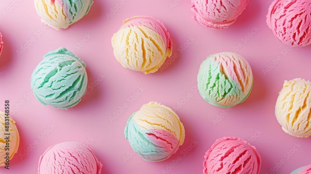 Pattern of vibrant ice cream scoops on pastel pink background, top view Pattern of vibrant ice cream scoops on pastel pink background, top view