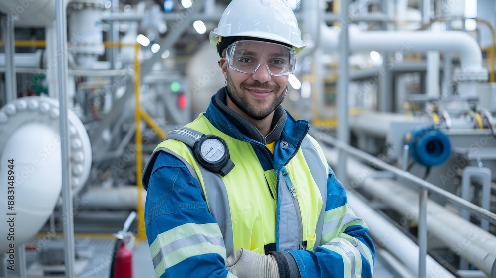Dedicated Worker in Safety Gear at High-Tech Industrial Facility with Deep Depth of Field Dedicated Worker in Safety Gear at High-Tech Industrial Facility with Deep Depth of Field