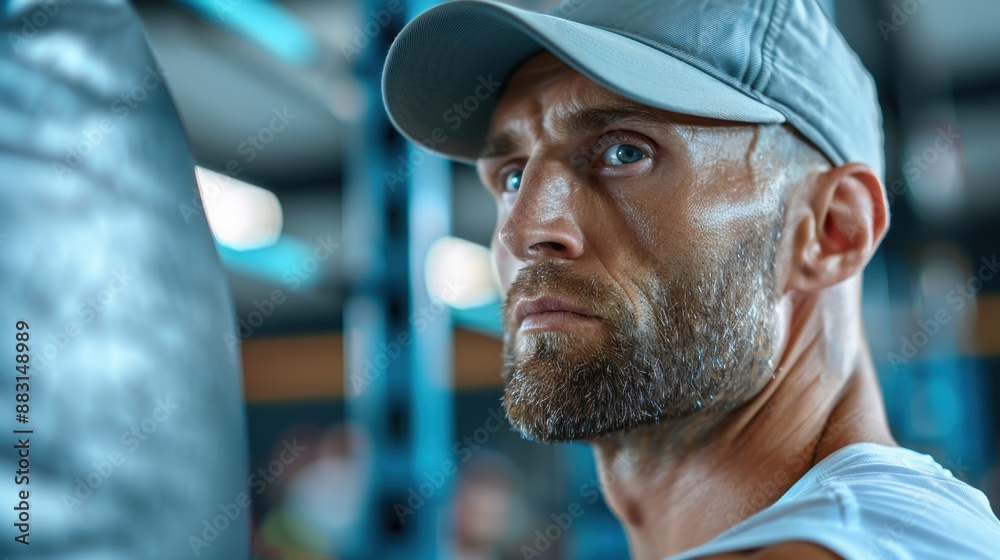 An athlete wearing a cap is intensely training by punching a bag in a gym setting, focusing on improving his skills and strength in a dedicated environment.