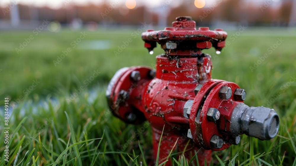 A close-up image of a red fire hydrant, standing tall amidst a lush green grass field, showing droplets of water and depicting urban safety infrastructure.
