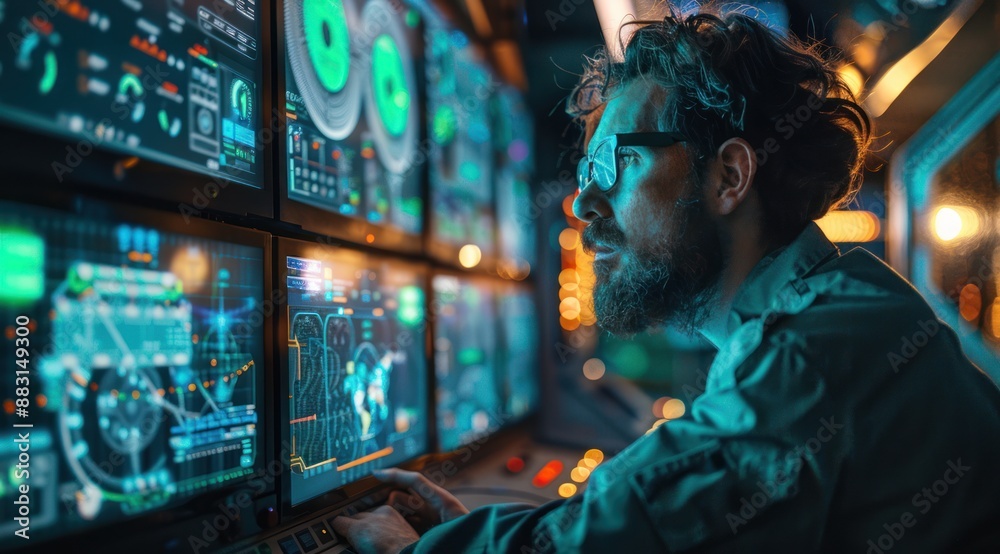 A man wearing glasses and a blue shirt sits in front of multiple computer monitors, each displaying different data A man wearing glasses and a blue shirt sits in front of multiple computer monitors, each displaying different data