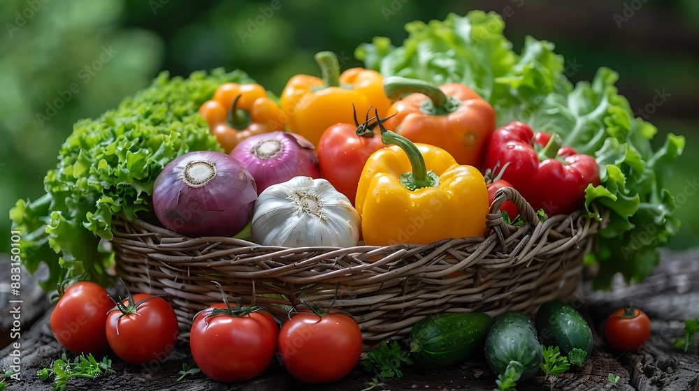 A beautiful vegetable harvest, wide-angle shot capturing a rustic basket filled with a variety of freshly picked vegetables. The soft, natural light enhances the vibrant colors and textures, A beautiful vegetable harvest, wide-angle shot capturing a rustic basket filled with a variety of freshly picked vegetables. The soft, natural light enhances the vibrant colors and textures,