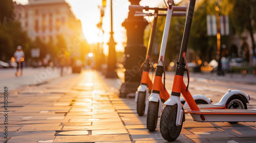 Row of electric scooters parked on city pavement at sunset with blurred background