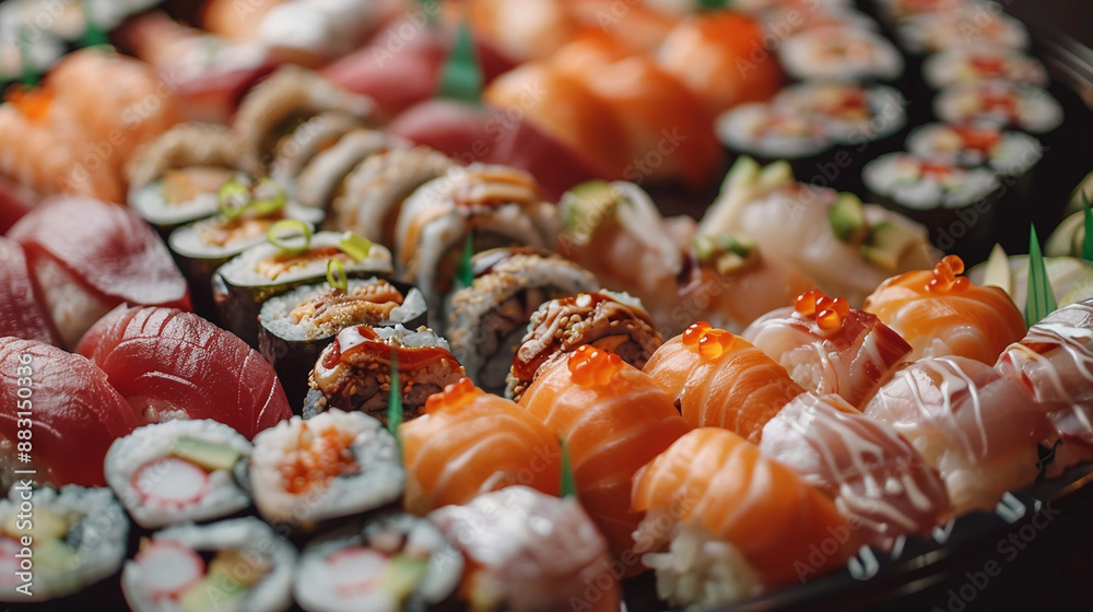 A close-up of a grand sushi platter showcasing an array of colorful sushi varieties on a white background A close-up of a grand sushi platter showcasing an array of colorful sushi varieties on a white background