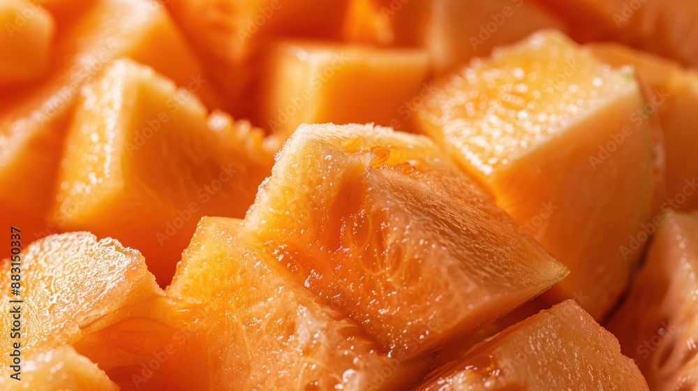 A close-up view of fresh, juicy cantaloupe slices with a vibrant orange color, capturing the natural sweetness and texture of the fruit, showcasing a tasty and healthy snack. A close-up view of fresh, juicy cantaloupe slices with a vibrant orange color, capturing the natural sweetness and texture of the fruit, showcasing a tasty and healthy snack.