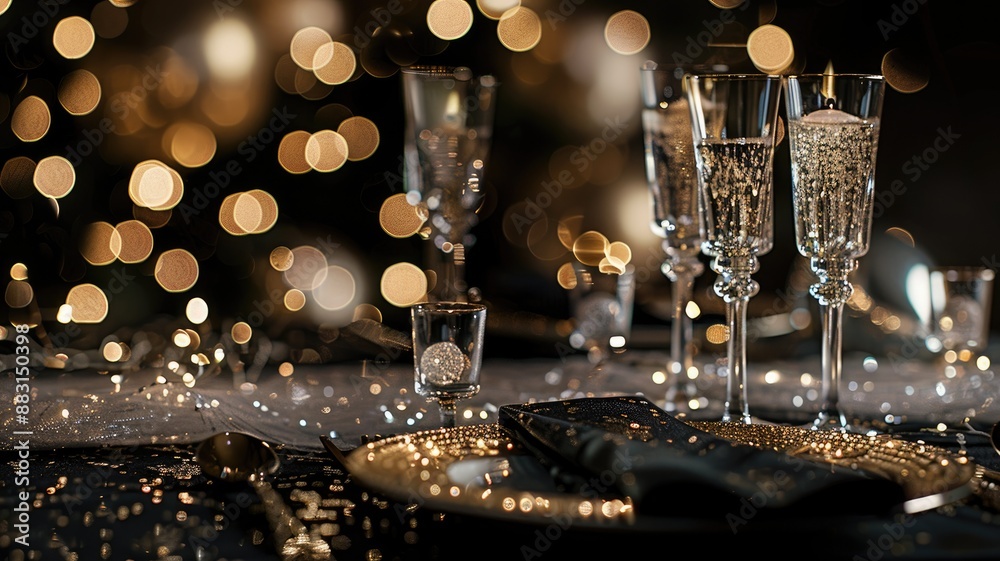 Elegant table setting with champagne glasses and festive lights Elegant table setting with champagne glasses and festive lights