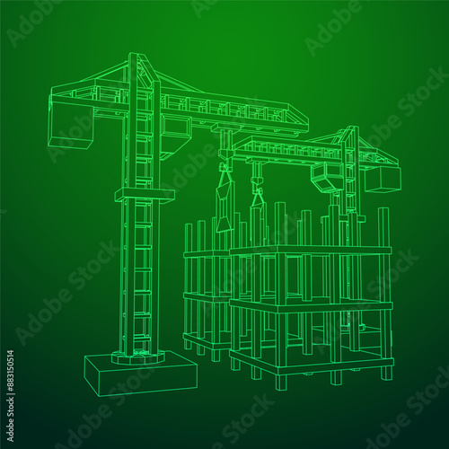 Construction crane tower. Building under construction industrial concept. Wireframe low poly mesh vector illustration.