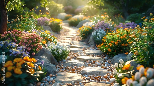 Fototapeta Naklejka Na Ścianę i Meble -  A lush garden with a winding stone pathway, wide-angle view capturing the vibrant flowers and plants along the path. The soft, natural light highlights the greenery and blossoms,