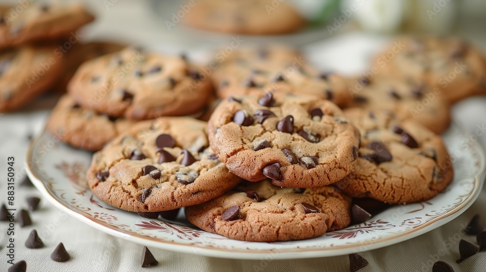 Freshly Baked Chocolate Chip Cookies on a Decorative Plate with Chocolate Chips Scattered Around Freshly Baked Chocolate Chip Cookies on a Decorative Plate with Chocolate Chips Scattered Around