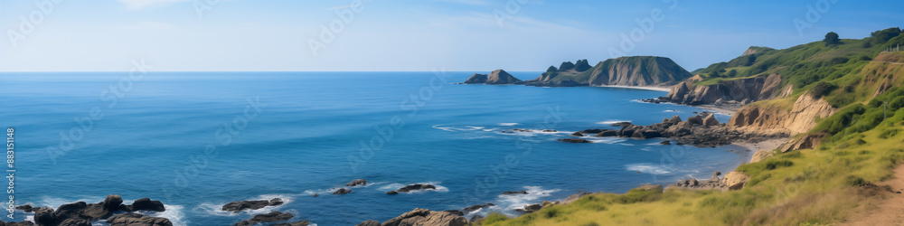 Wide panoramic photo of the ocean and rocky shore overgrown with grass and trees Wide panoramic photo of the ocean and rocky shore overgrown with grass and trees