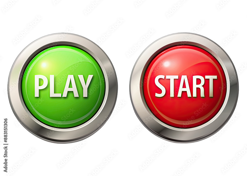 Two round, shiny buttons with metal rims. The left button is green and says PLAY in white text. The right button is red and says START in white text. Generative AI Two round, shiny buttons with metal rims. The left button is green and says PLAY in white text. The right button is red and says START in white text. Generative AI