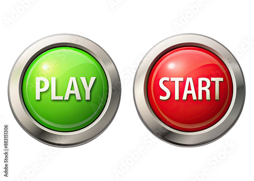 Two round, shiny buttons with metal rims. The left button is green and says PLAY in white text. The right button is red and says START in white text. Generative AI