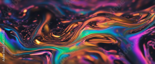 Bold holographic liquid blob shape isolated Iridescent wavy melted substance on black background photo