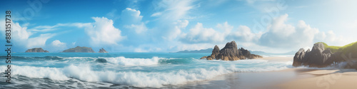 Wide panoramic photo of the ocean . Sea and blue sky