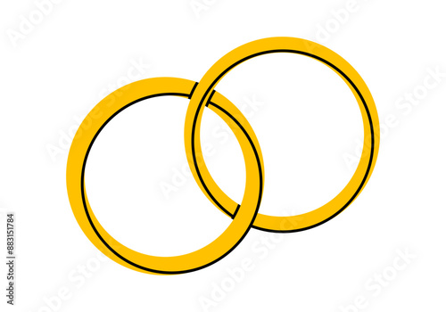 Hand drawn cute cartoon illustration of golden wedding rings. Flat vector engagement rings sticker doodle style. Propose and marriage. Valentine's Day and love concept icon. Vow and promise. Isolated.