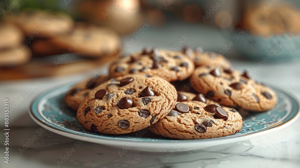Freshly Baked Chocolate Chip Cookies on a Plate in a Cozy Kitchen Setting Freshly Baked Chocolate Chip Cookies on a Plate in a Cozy Kitchen Setting