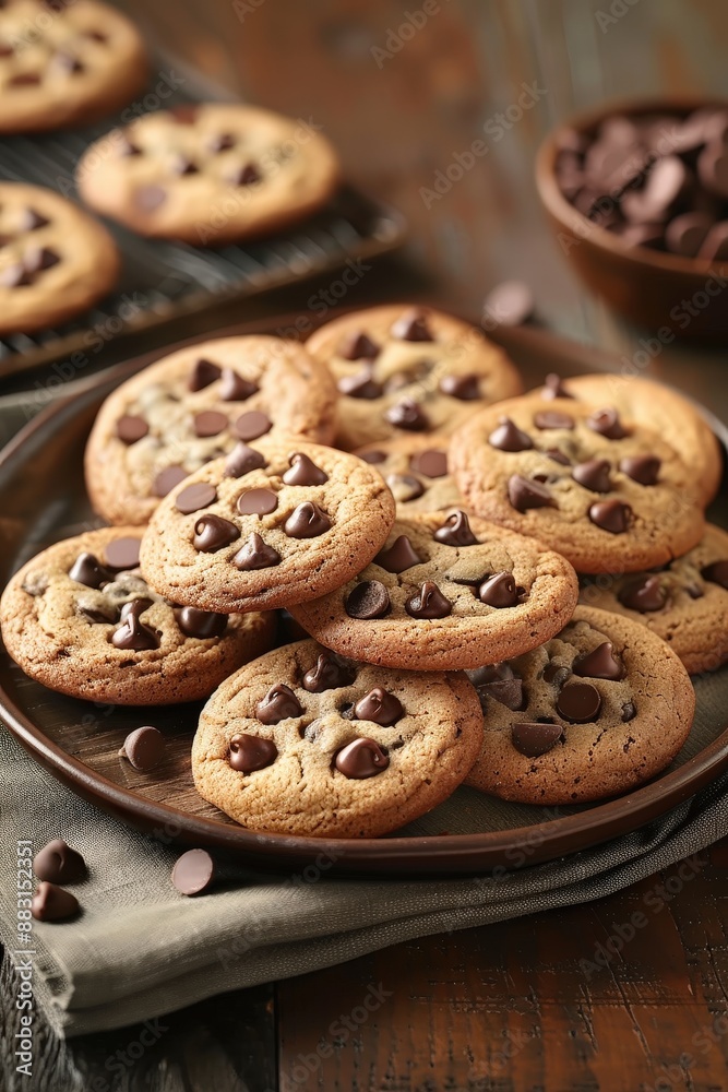 Freshly Baked Chocolate Chip Cookies on Rustic Wooden Table with Chocolate Chips in Background Freshly Baked Chocolate Chip Cookies on Rustic Wooden Table with Chocolate Chips in Background