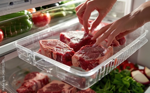 Hand taking a plastic tray with raw meat from the refrigerator.