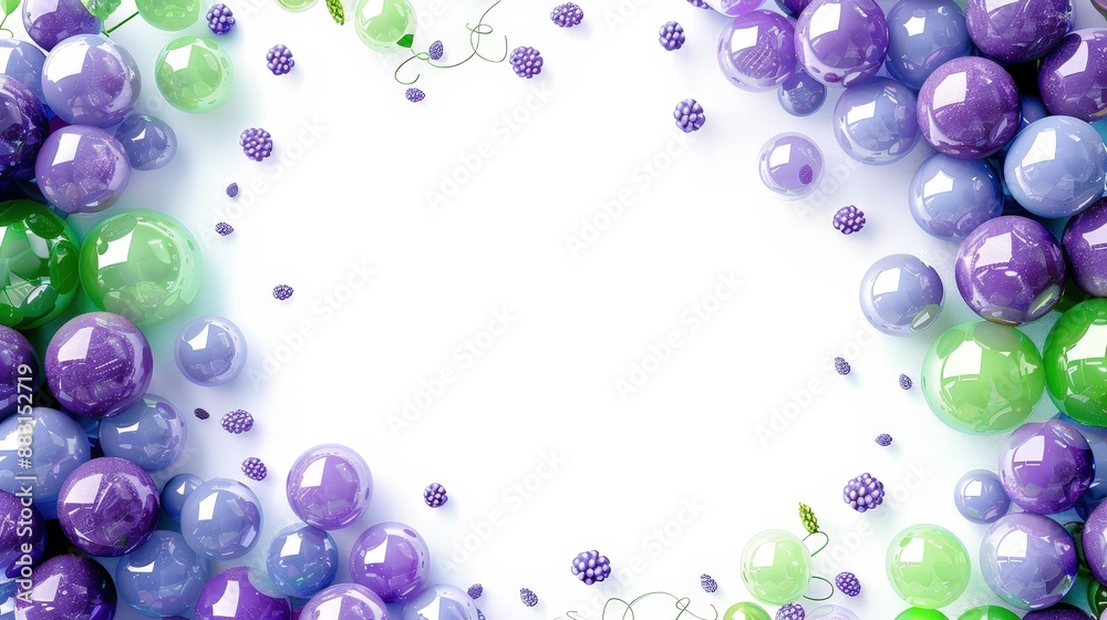 Colorful Abstract Background with Purple and Green Bubbles and Berries on White Colorful Abstract Background with Purple and Green Bubbles and Berries on White
