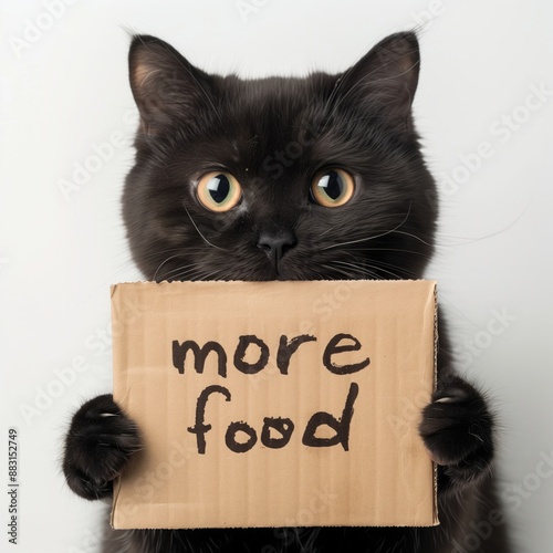 Adorable black cat holding a cardboard sign that says 'more food' with pleading eyes. Cute pet photo with humor appeal.