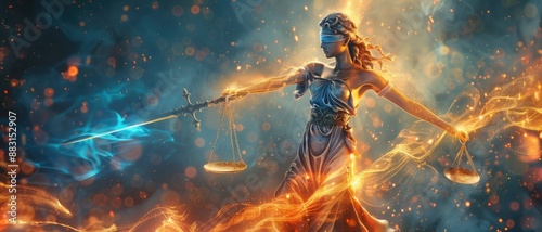 Digital art of Lady Justice in a fiery and ethereal environment, holding scales and sword demonstrating the balance of justice.