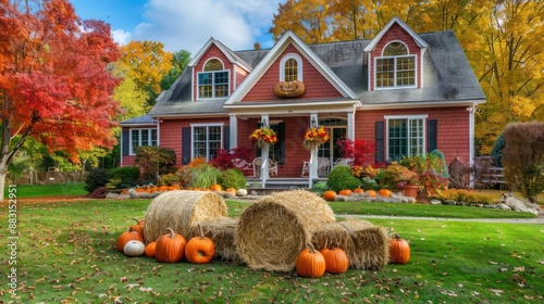 Suburban Cape Cod home wrapped in the vibrant colors of fall, with a front yard dotted with pumpkins and hay bales