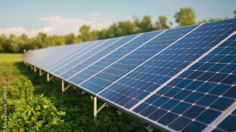 Solar panels installed in a lush green field, generating renewable energy from sunlight. Clean energy solution for a sustainable future. Solar panels installed in a lush green field, generating renewable energy from sunlight. Clean energy solution for a sustainable future.