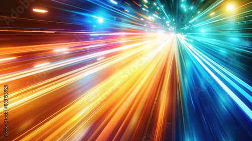 Streaking lines of light in orange, yellow, and blue illuminate a dark background