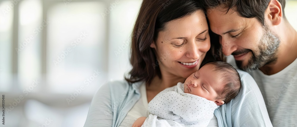 Loving parents holding their newborn baby and smiling together in a serene setting, capturing a precious family moment. Loving parents holding their newborn baby and smiling together in a serene setting, capturing a precious family moment.