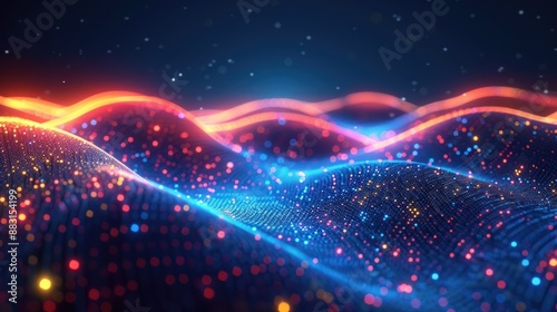 Wavy lines of red and blue light traverse a digital landscape of glowing particles