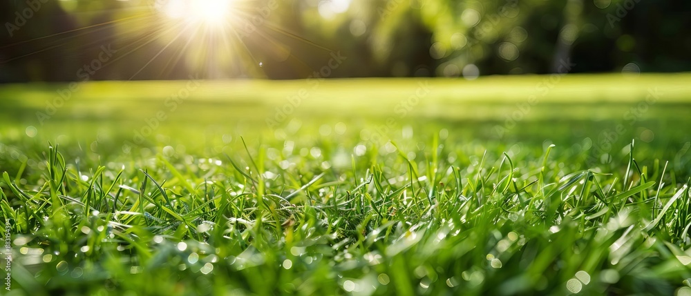 Lush green grass field with morning dew and sunlight, capturing nature's beauty and freshness in a serene outdoor setting. Lush green grass field with morning dew and sunlight, capturing nature's beauty and freshness in a serene outdoor setting.