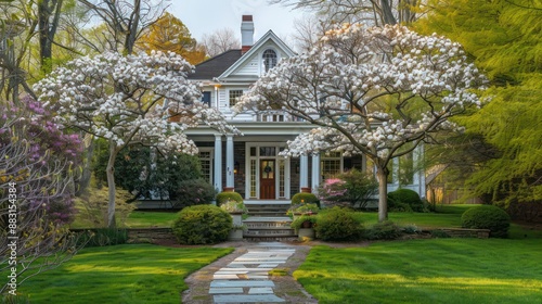 Suburban Colonial home at the peak of spring, with dogwood trees in bloom and a flagstone pathway leading to the porch