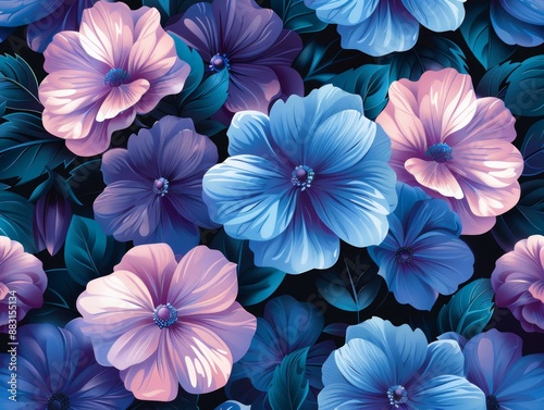 Vibrant Blue and Pink Flowers Patterned Wallpaper